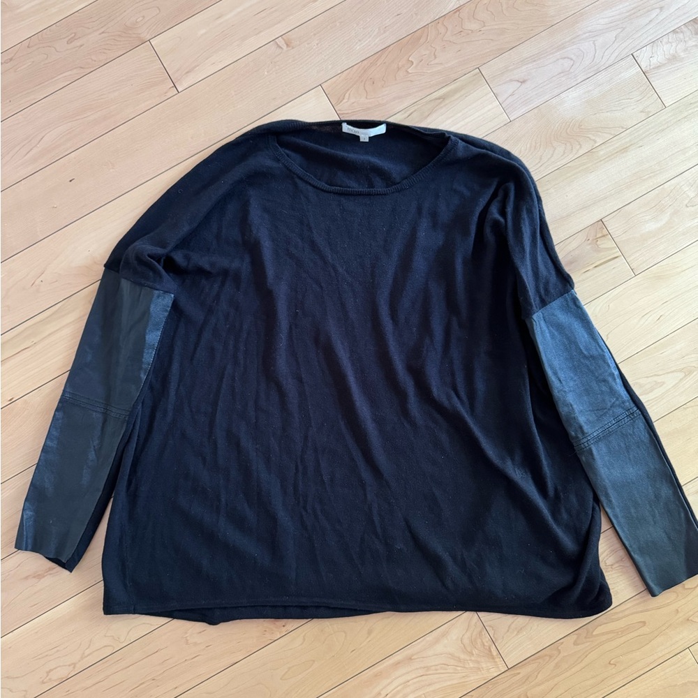 Maje Black Long Sleeve knit with Leather sleeve